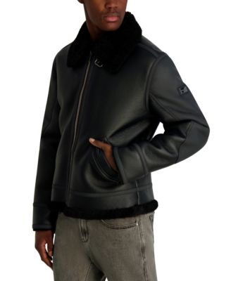 Men's Faux Leather Sherpa Lined Collared Jacket