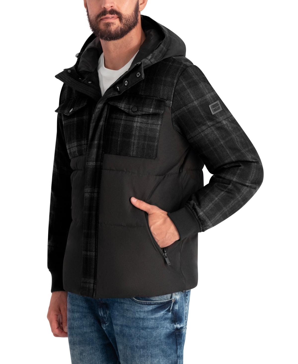 Karl Lagerfeld Paris Men's Mixed Media Hooded Puffer
