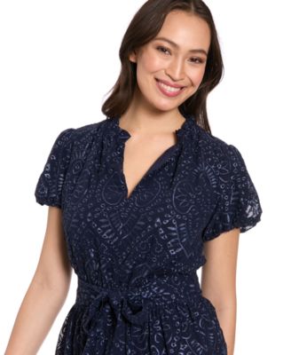 Women's Bubble Sleeve Elastic Waist Midi Dress