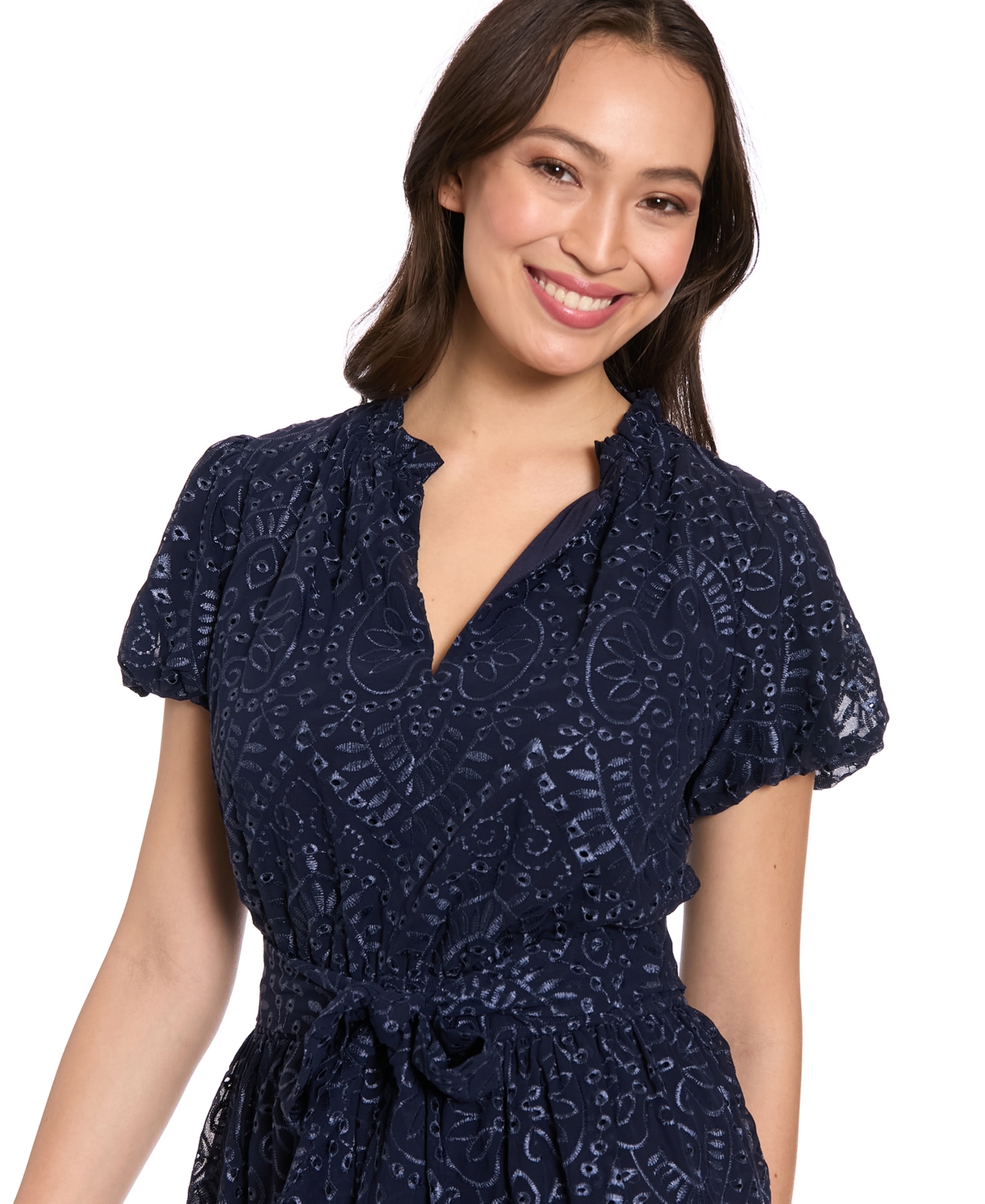 London Times Women's Bubble Sleeve Elastic Waist Midi Dress