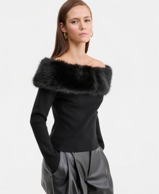 Bar III - Women's Off-The-Shoulder Faux-Fur-Trim Top