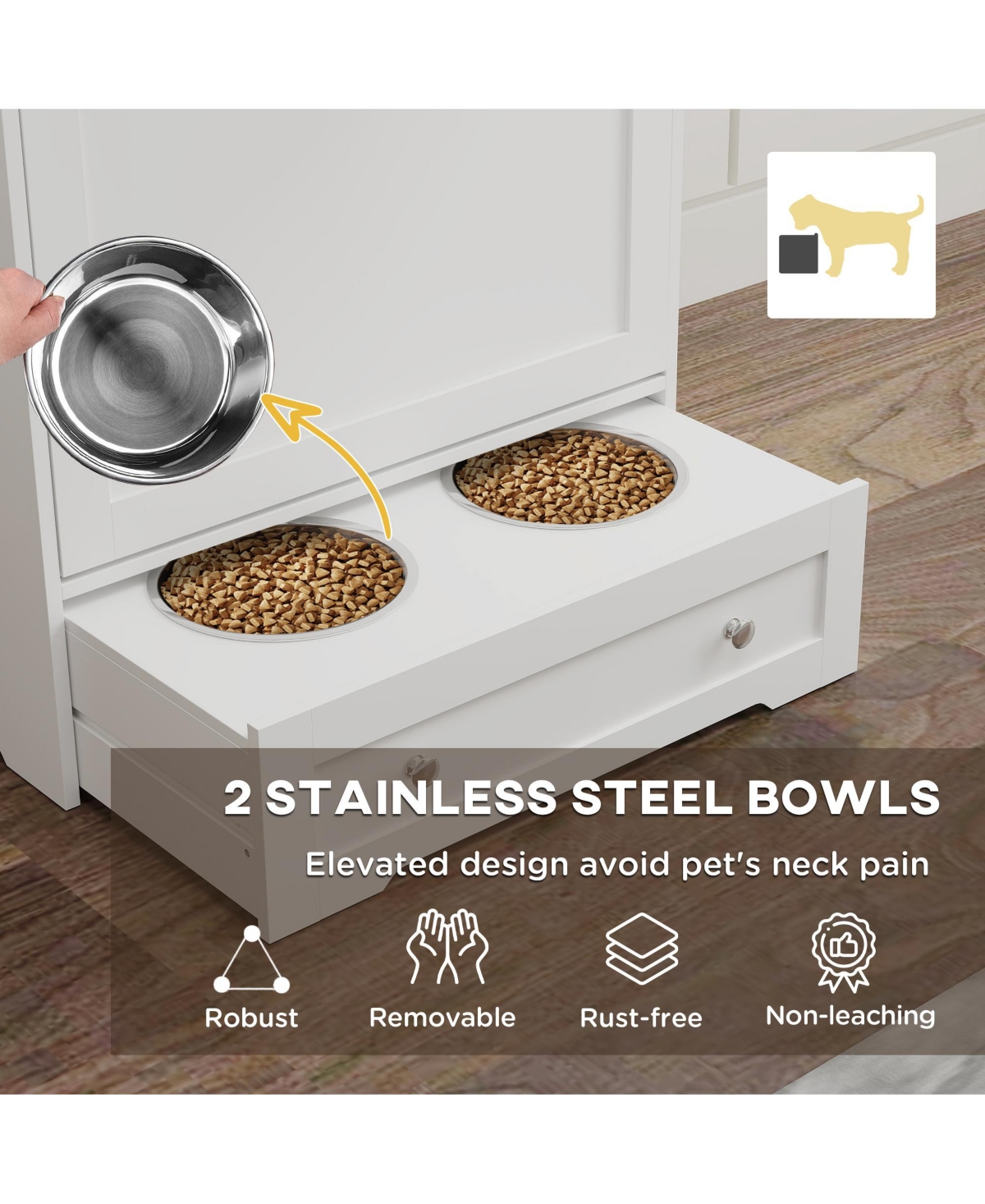 PawHut Dog Feeding Station w/ 2 Storage Cabinet, Side Hooks, Anti-tip Kit