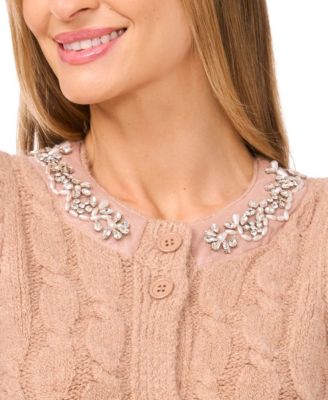 Women's Short-Sleeve Rhinestone Cardigan Sweater