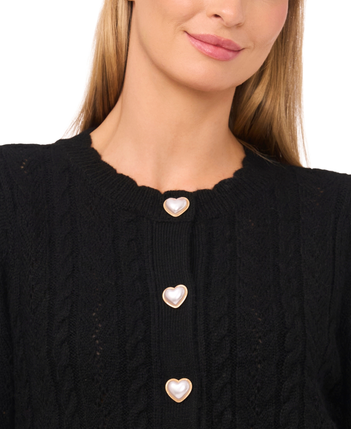 Cece Women's Crewneck Heart Button Pointelle Cardigan Sweater In Black