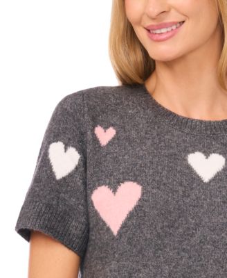 Women's Valentine's Crewneck Heart-Print Short-Sleeve Sweater