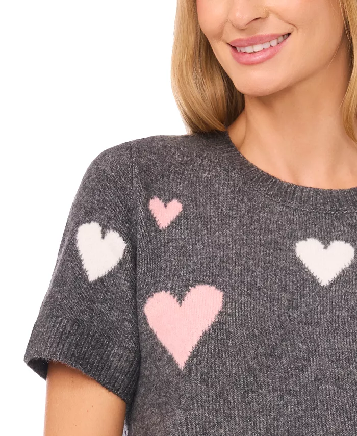 Women's Valentine's Crewneck Heart-Print Short-Sleeve Sweater - thumbnail 5