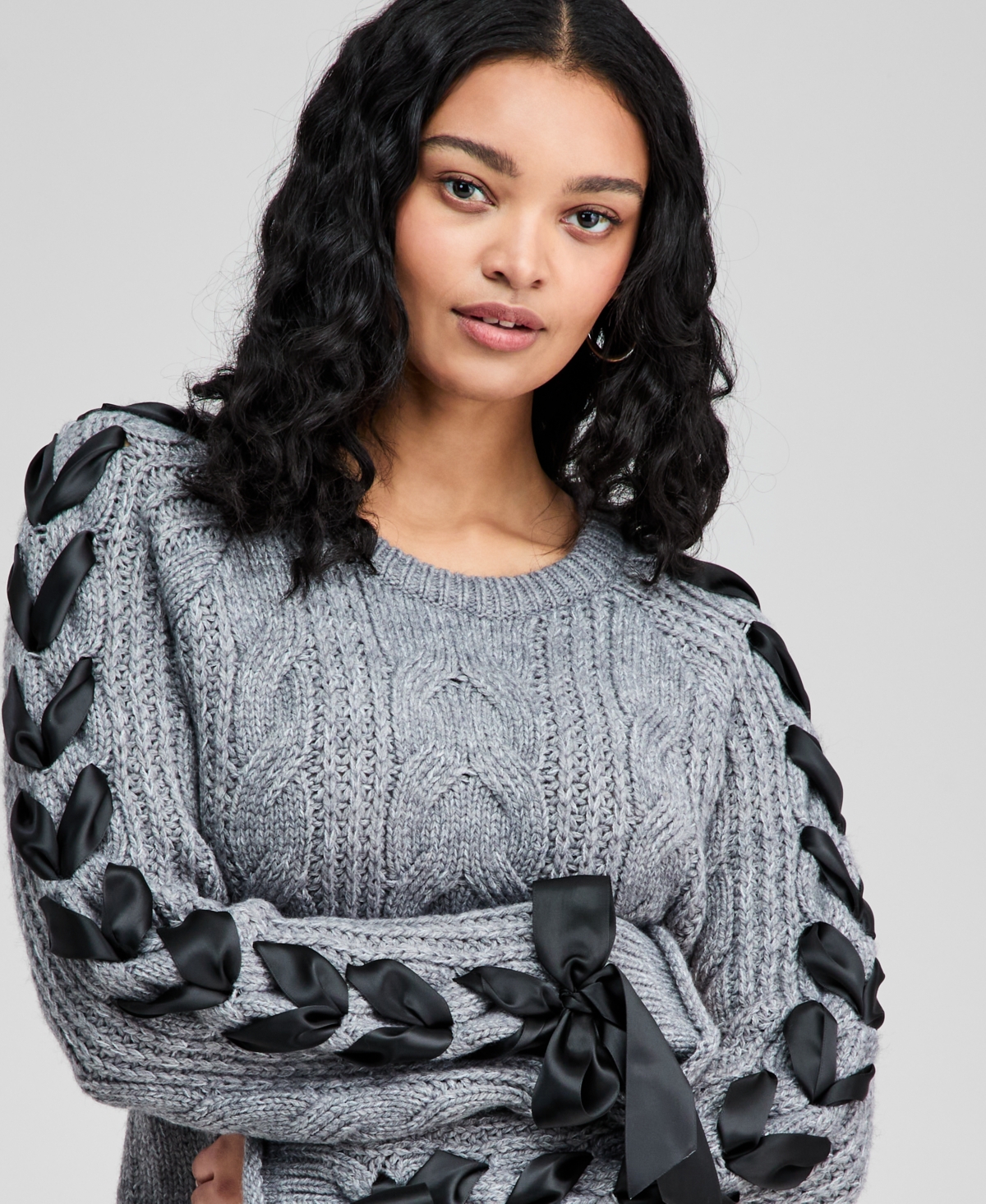 And Now This Petite Round-neck Satin-bow-sleeve Sweater, Macy's Exclusive In Gold