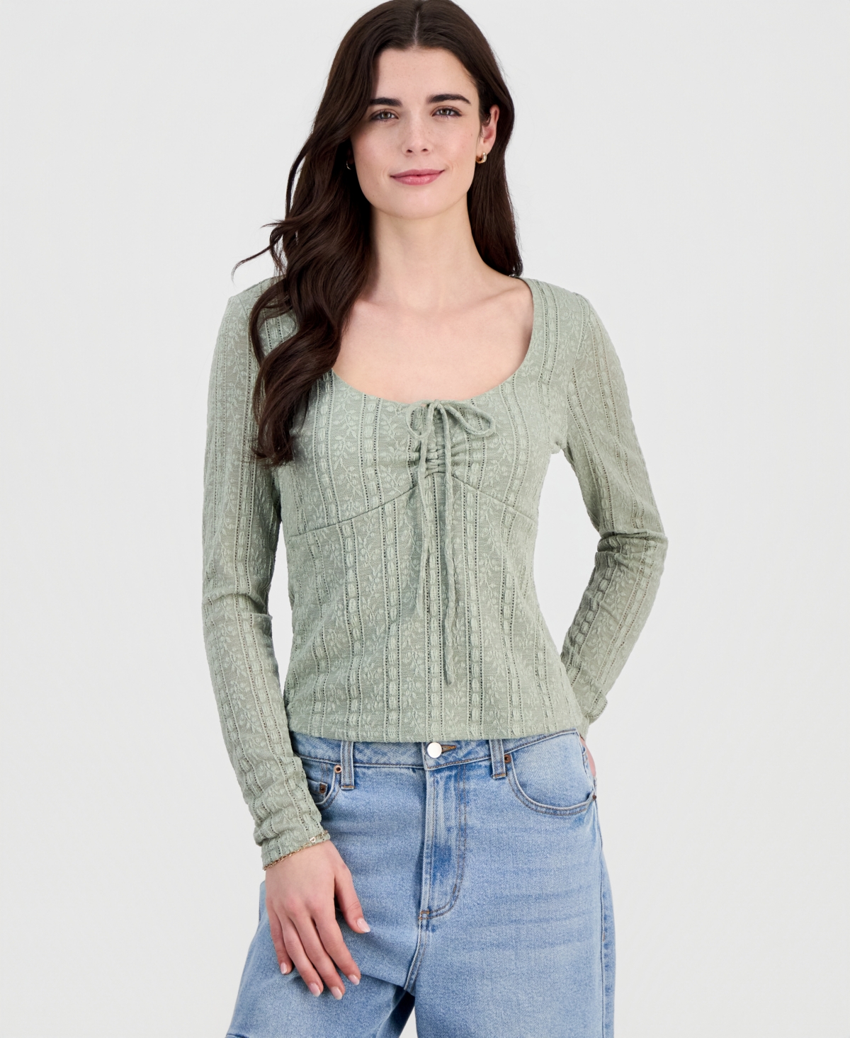 Madden Girl Juniors' Lace Textured Long-Sleeve Top