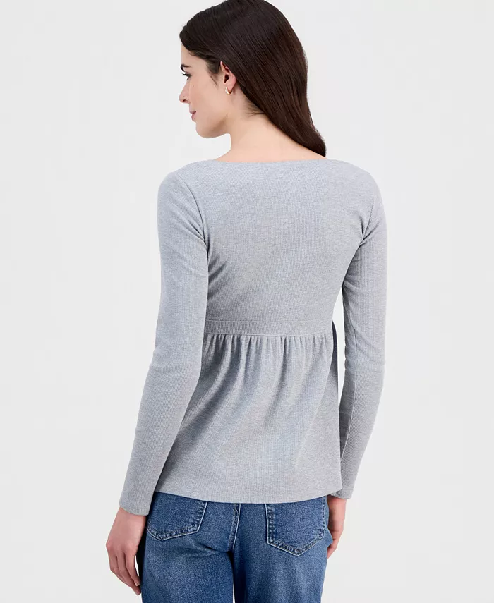 Juniors' Long Sleeve Ribbed Babydoll Top - thumbnail 9