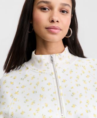 Juniors' Floral Print Quarter-Zip Sweatshirt