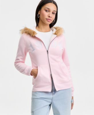 Juniors' Faux-Fur-Trim Hooded Sweatshirt