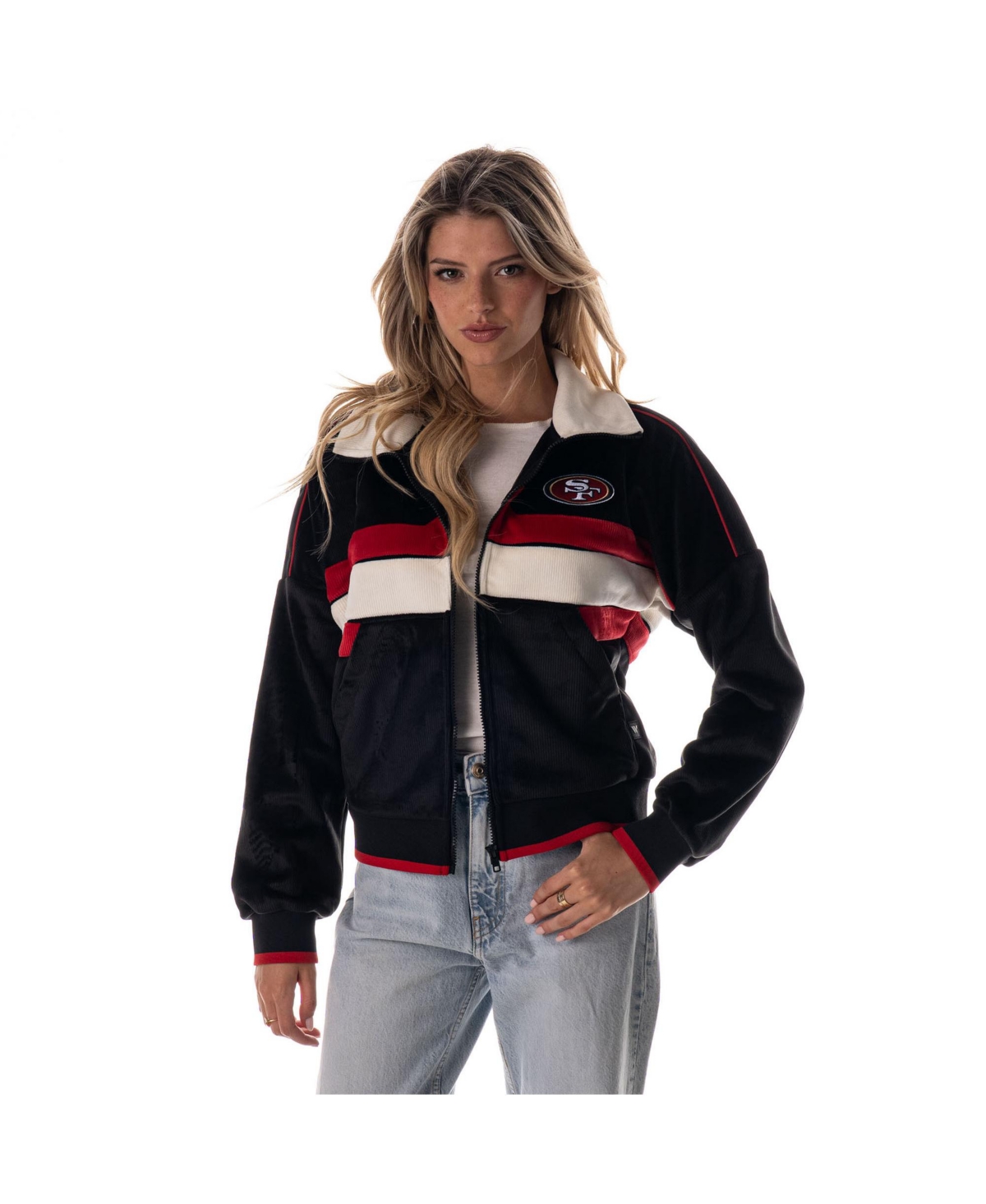 The Wild Collective Women's Black San Francisco 49ers Cropped Corduroy Full-Zip Bomber Jacket