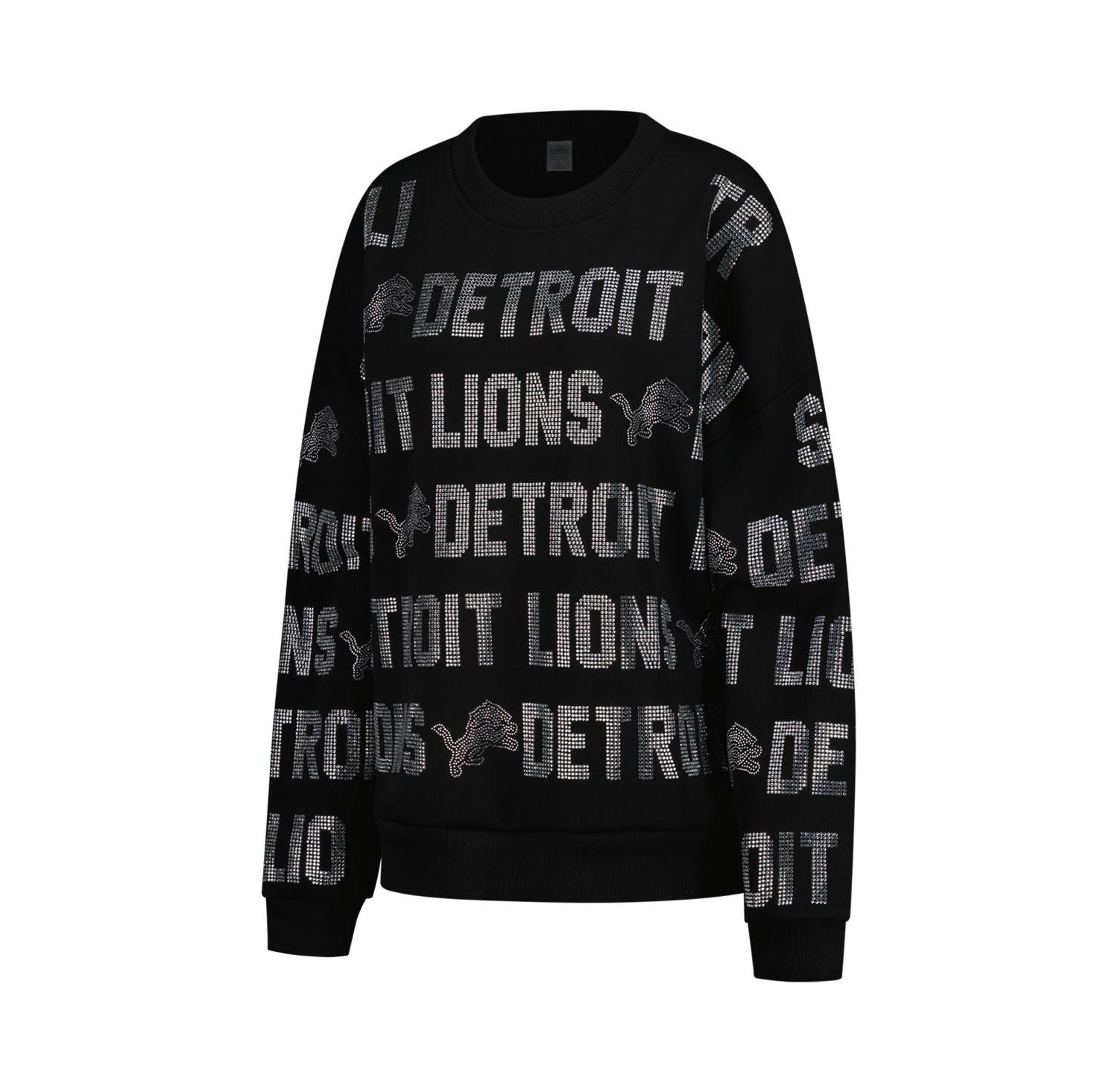 Women's Black Detroit Lions Oversized Hype Era Rhinestone Text Sweatshirt