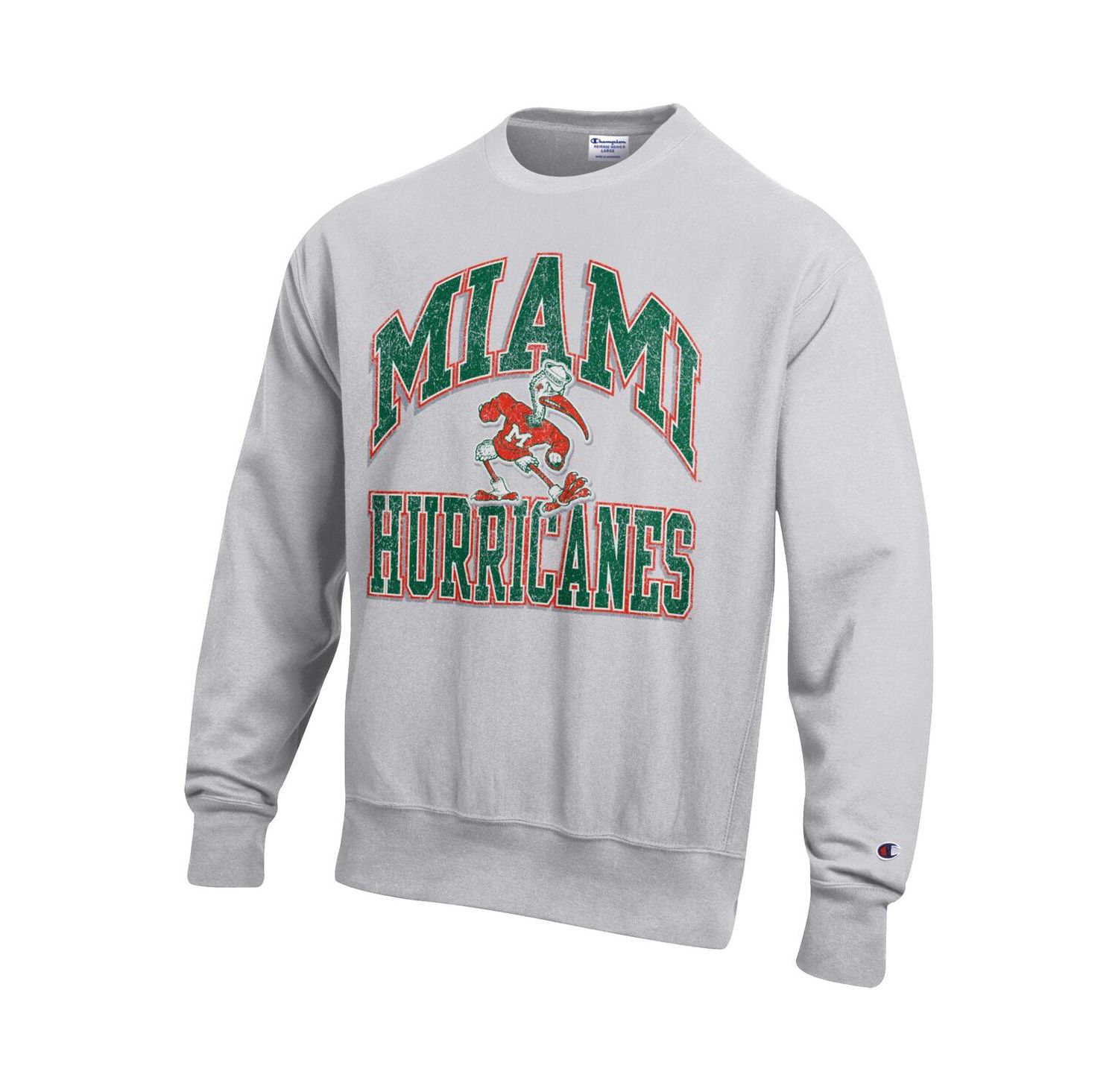 Men's Gray Miami Hurricanes Distressed Arch Over Logo Reverse Weave Crew Neck Sweatshirt