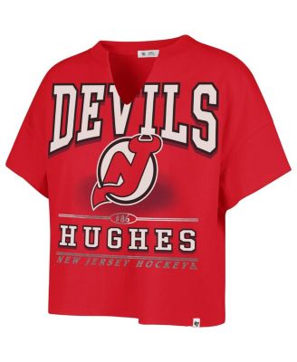 Women's Jack Hughes Red New Jersey Devils Elation Name Number Oversized Notch Neck T-Shirt