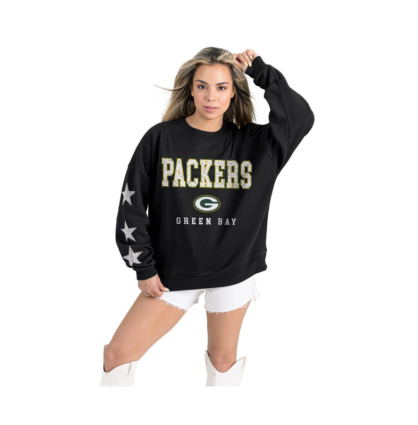 Женские толстовки Gameday Couture Black Green Bay Packers Velocity Relaxed Rhinestone Pullover — фото 3