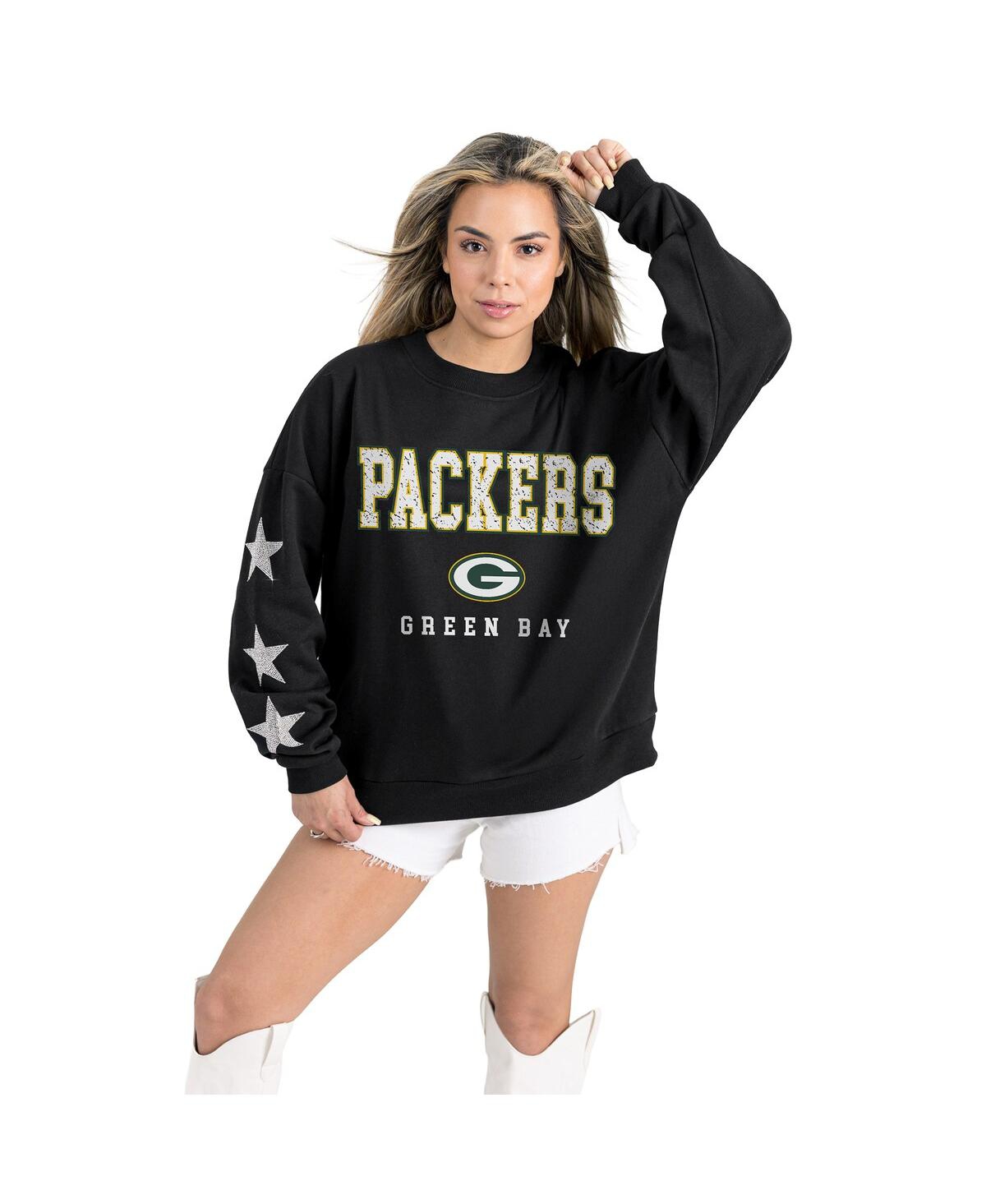Gameday Couture Women's Black Green Bay Packers Velocity Relaxed Rhinestone Pullover Sweatshirt In Black