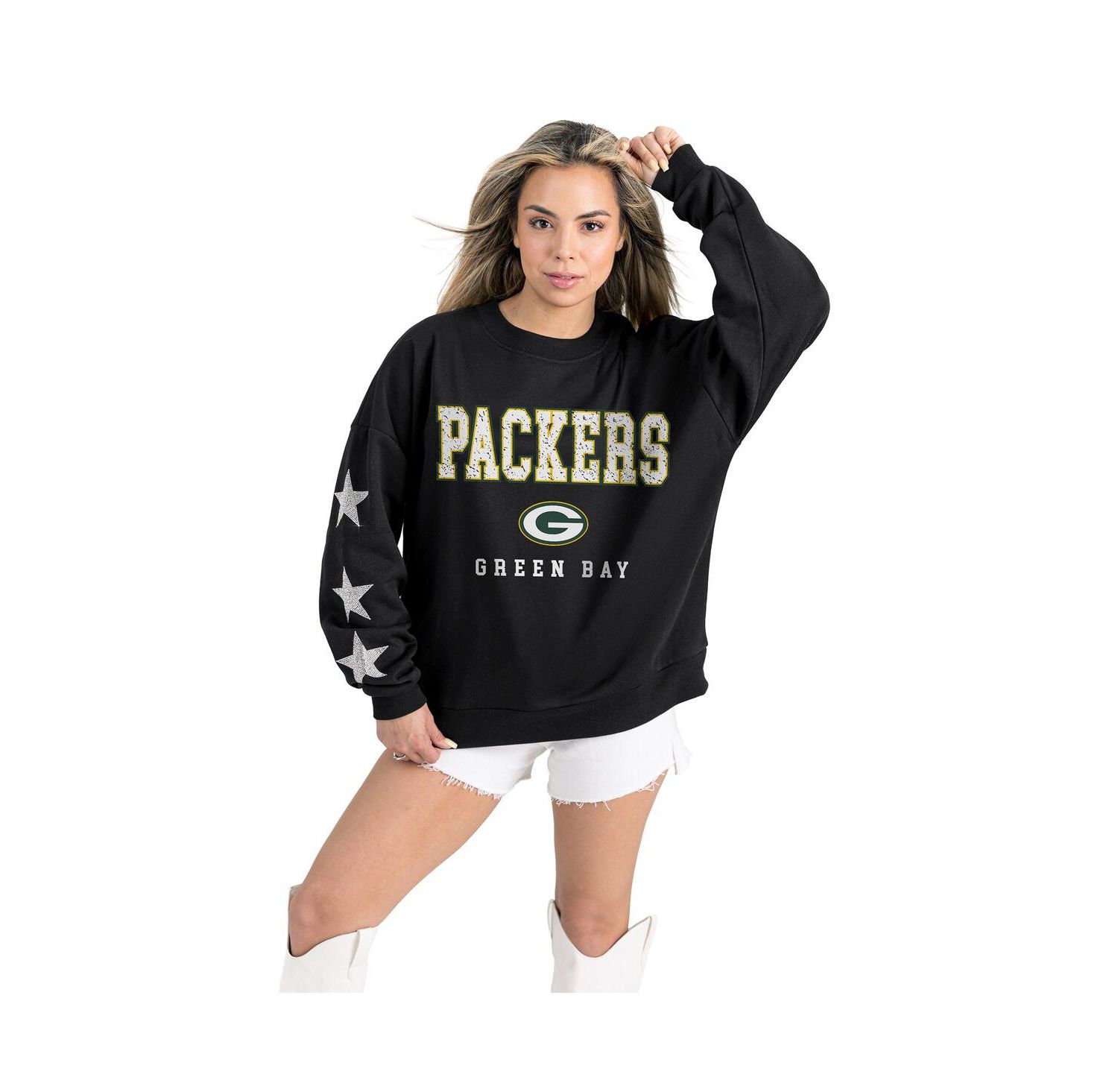 Women's Black Green Bay Packers Velocity Relaxed Rhinestone Pullover Sweatshirt