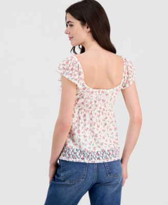 Juniors' Floral Lace Flutter-Sleeve Babydoll Top