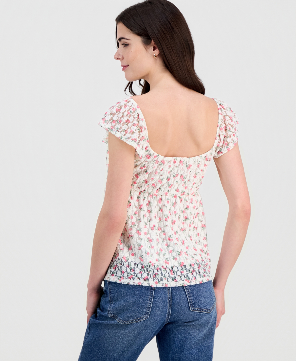 Sincerely Jules Juniors' Floral Lace Flutter-Sleeve Babydoll Top