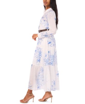 Women's Long-Sleeve Collared Tiered Skirt & Belt Dress