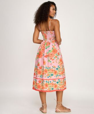 Juniors' Floral Printed Sweetheart Neck Midi Dress