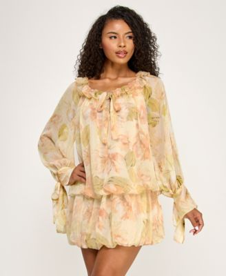 Juniors' Printed Drop Waist Ruffle Boat Neck Dress