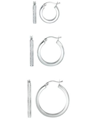 Macy's - Polished Glitter 3-Pc. Set Hoop Earrings In Sterling Sliver