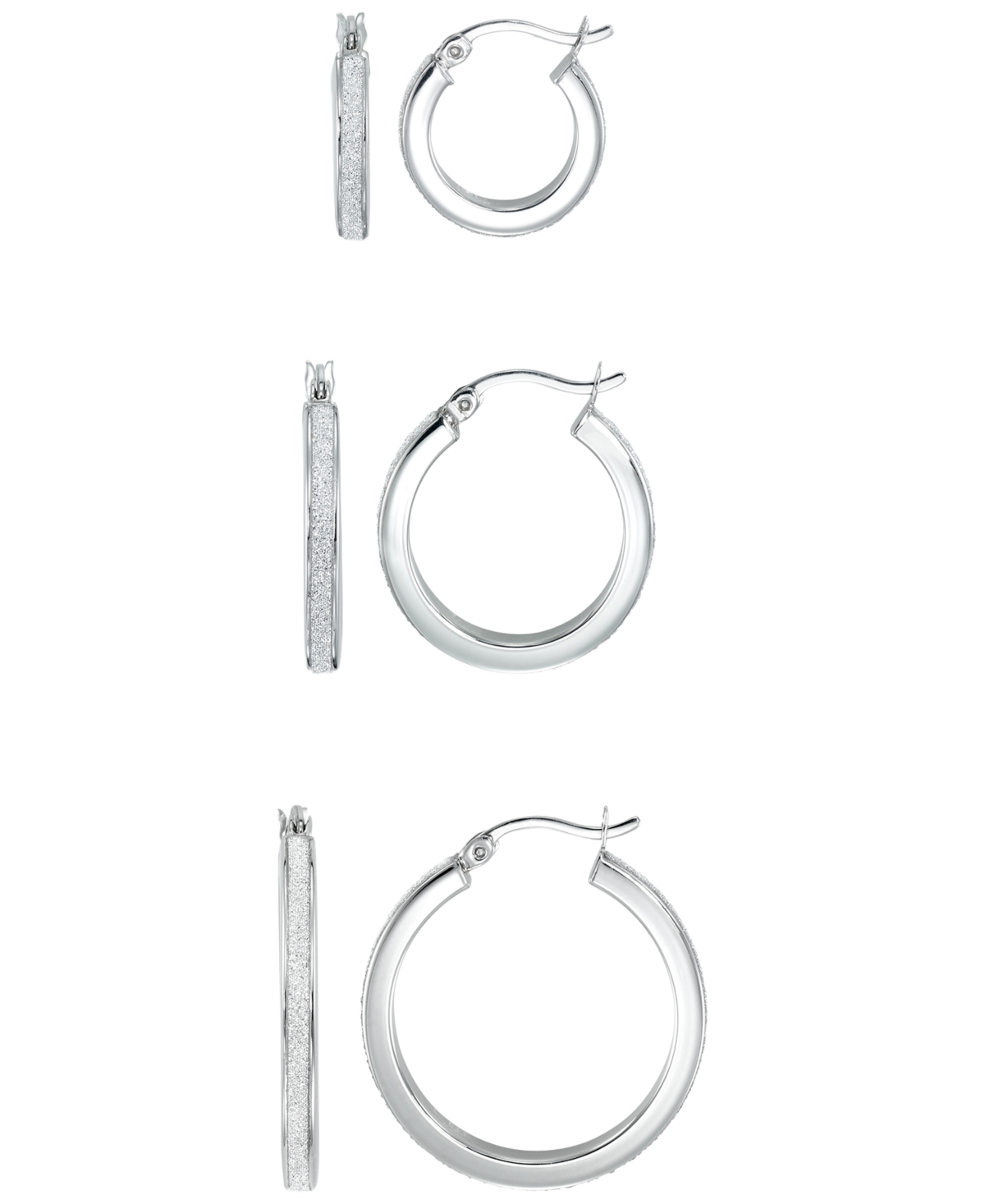 Macy's Polished Glitter 3-Pc. Set Hoop Earrings In Sterling Sliver
