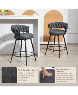 Swivel Bar Stools Set of 3, 24 Inches Modern Counter Height Bar Stools with Woven Back, Upholstered Suede Tall Barstools