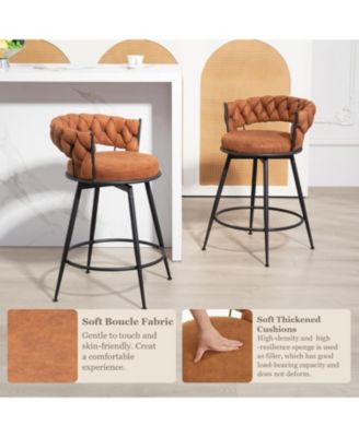 Swivel Bar Stools Set of 3, 24 Inches Modern Counter Height Bar Stools with Woven Back, Upholstered Suede Tall Barstools