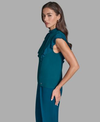 Women's Pleated Mock Neck Flutter Sleeve Top