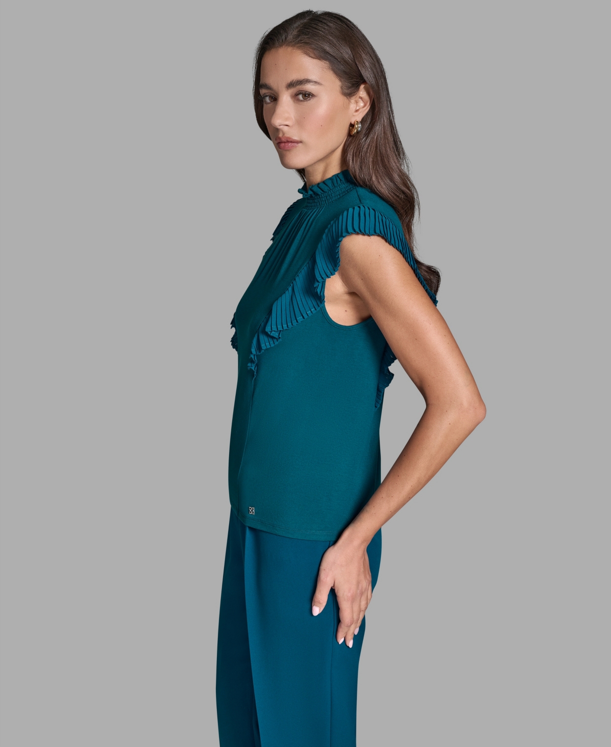 Bcbg Women's Pleated Mock Neck Flutter Sleeve Top In Blue