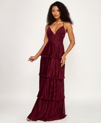 Juniors' V-Neck Ruffle-Tiered Sleeveless Gown