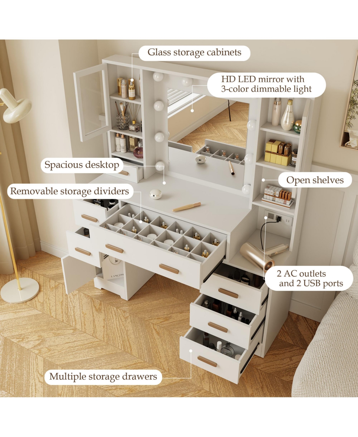 Dyhome Vanity Desk with Mirror and Lights and Charging Station with 7 Drawers & 3 Cabinets