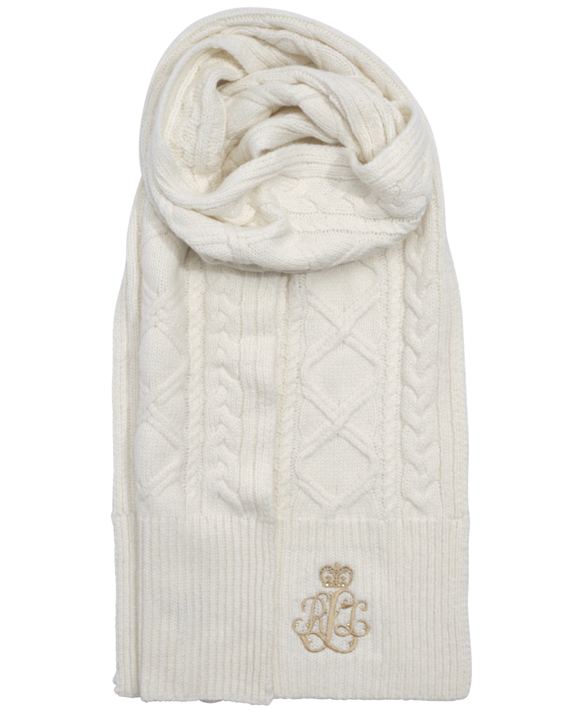 Ralph Lauren Cable Scarf With Direct Embroidery And Stones In White