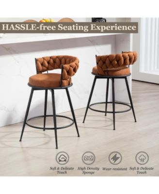 Swivel Bar Stools Set of 2, 24 Inches Modern Counter Height Bar Stools with Woven Back, Upholstered Suede Tall Barstools