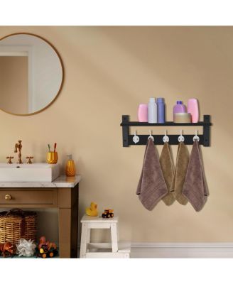 24 Inch Floating Wall Shelf with 5 Heavy Duty Hooks – for Entryway, Bathroom, Bedroom, Kitchen, or Mudroom