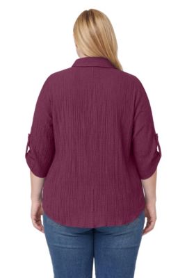 Plus Size Pintucked Button Down Gauze Shirt