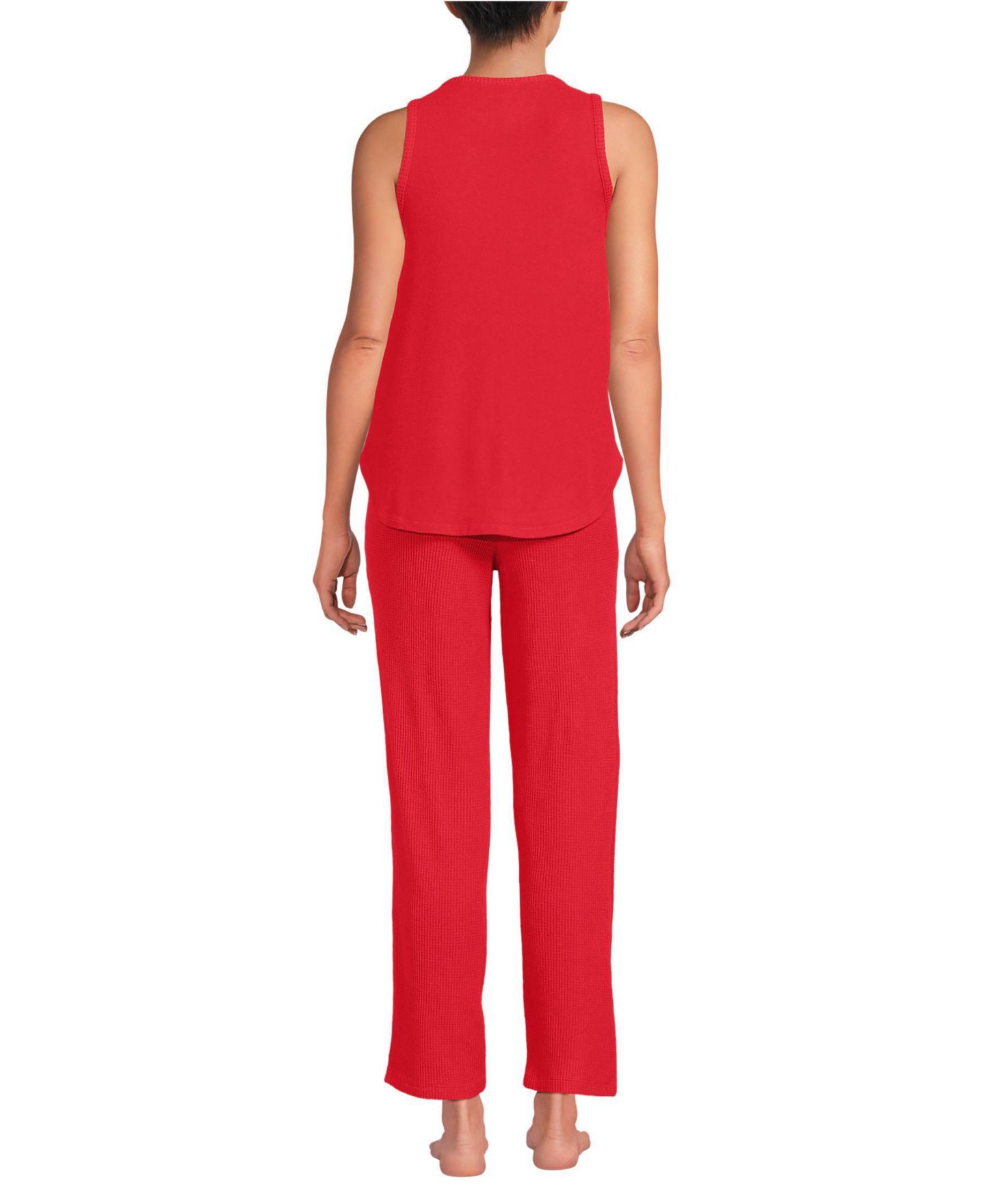 Женские пижамы Lands' End Women's Brushed Cozy Waffle Jersey 3 Piece Pajama Set - Tank Top Pant and Robe, цвет: Красный — фото 2