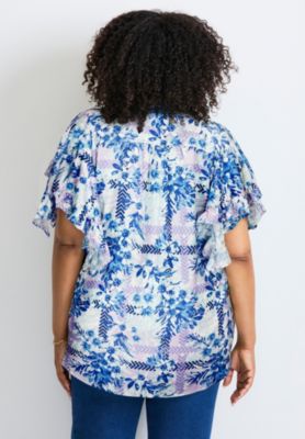 Women's Plus Size Tie Front Scarf Sleeve Blouse