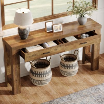 63" Console Table with 2 Drawers, Farmhouse Entryway Table with H-Shaped Sturdy Legs