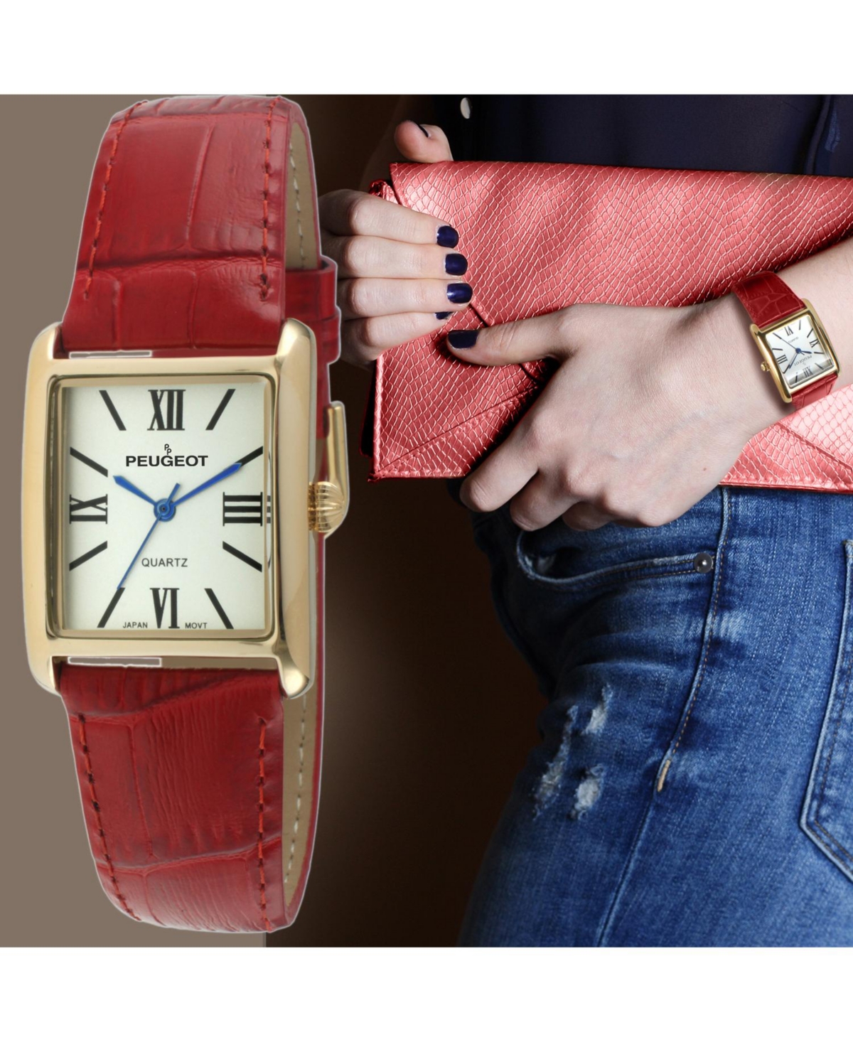 Peugeot Women's Tank Watch Roman Dial Red Leather Strap