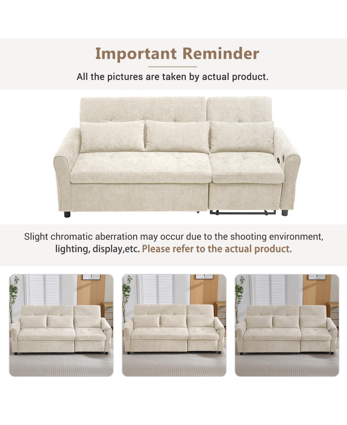 2-in-1 Sofa 82 Inches Three-seater with a Bed and Reversible Recliner for Living Room