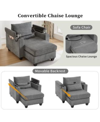 Convertible Chaise Lounge 37.4 Inches Sofa Chair Sofa Bed Corduroy Sleeper with USB Ports , Two Cup Holders, Phone Holder and Ample Storage Space