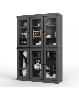 100% Solid Wood Pantry China Cabinet, Clear Glass Doors, Adjustable Shelves, 48.5" Wide, 71.5" Tall