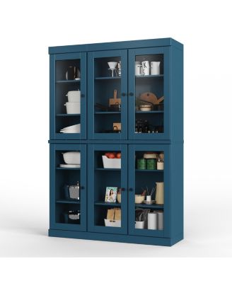 100% Solid Wood Pantry China Cabinet, Clear Glass Doors, Adjustable Shelves, 48.5" Wide, 71.5" Tall
