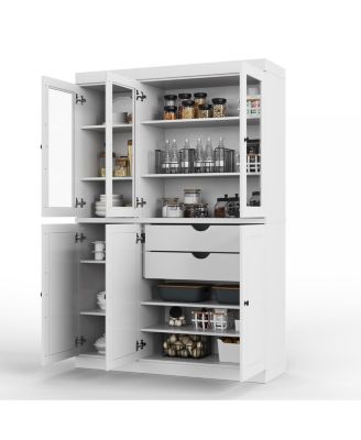 100% Solid Wood Pantry China Cabinet, Clear Glass Doors, Adjustable Shelves, 48.5" Wide, 71.5" Tall