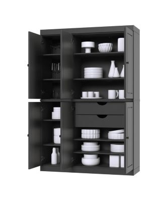 100% Solid Wood Tall Kitchen Pantry Cabinet with Raised Panel Doors, 2 Drawers