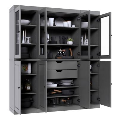 100% Solid Wood Tall Kitchen Pantry Cabinet with Glass and Raised Panel Doors, 2 Drawers